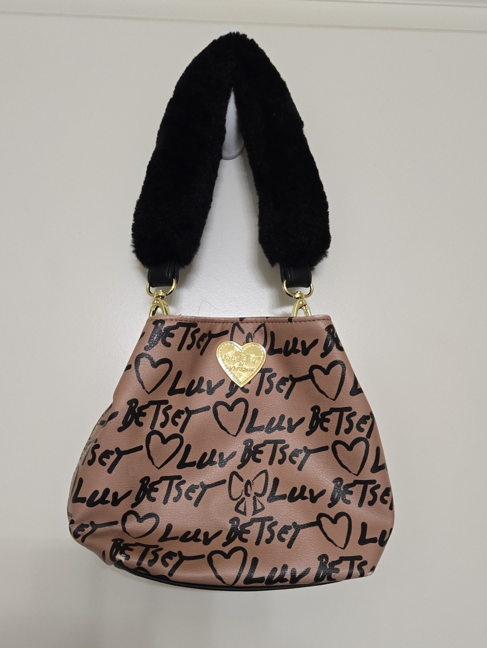 Betsey Johnson Pink Script Heart Logo Shoulder Bag with Black Plush Strap